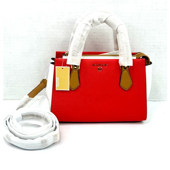 Michael Kors Marilyn Small Color-Block Saffiano Leather Messenger Bag Red/White - Picture 1 of 10